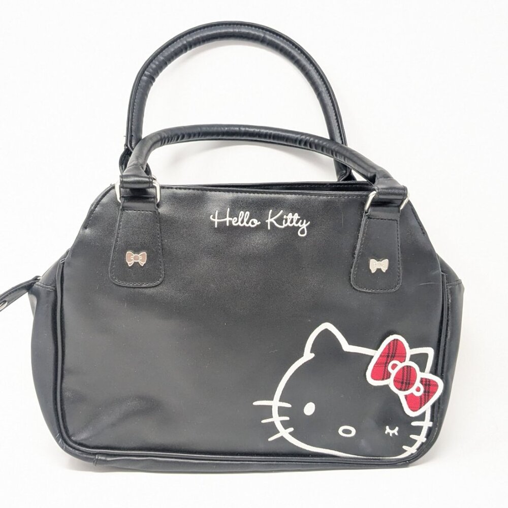 Womans Sario Black Hello Kitty satchel handbag Tartan interior 2012 Faux leather